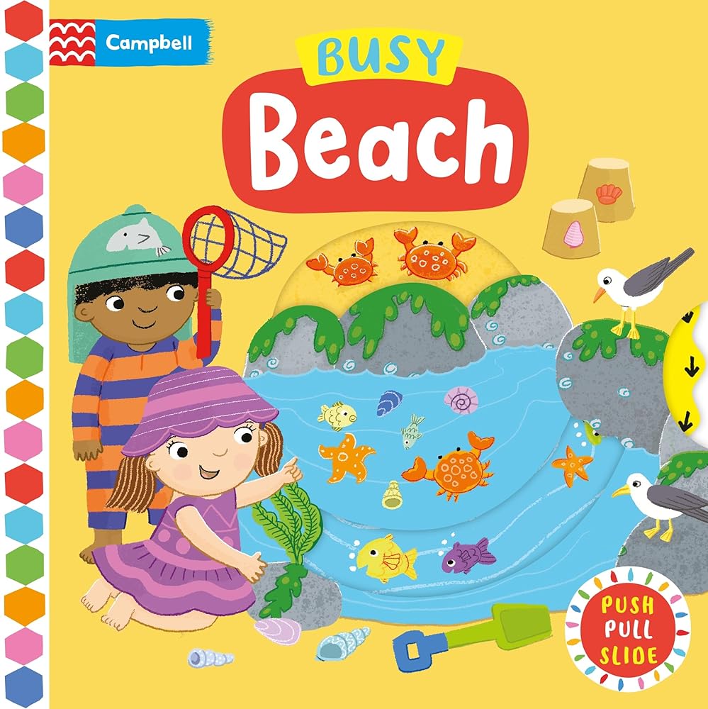 Busy Beach: A Push, Pull, Slide Book cover image